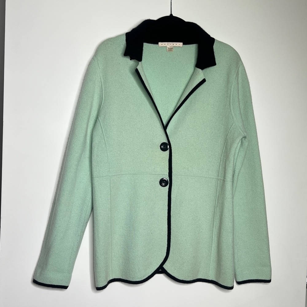 Belford Sz L 100% Cashmere Front Button Cardigan Sweater Jacket Black Teal - Picture 4 of 7
